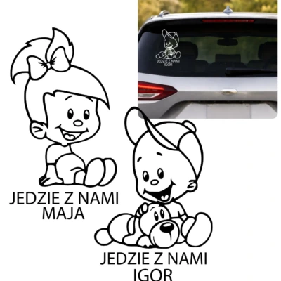 Naklejka na samochód JEDZIE Z NAMI + Imię dziecka, chłopiec, dziewczynka, bez tła, różne kolory