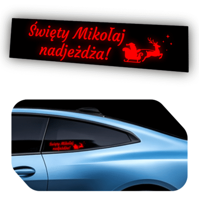 Świąteczna naklejka LED na szybę auta Święty Mikołaj Nadjeżdża