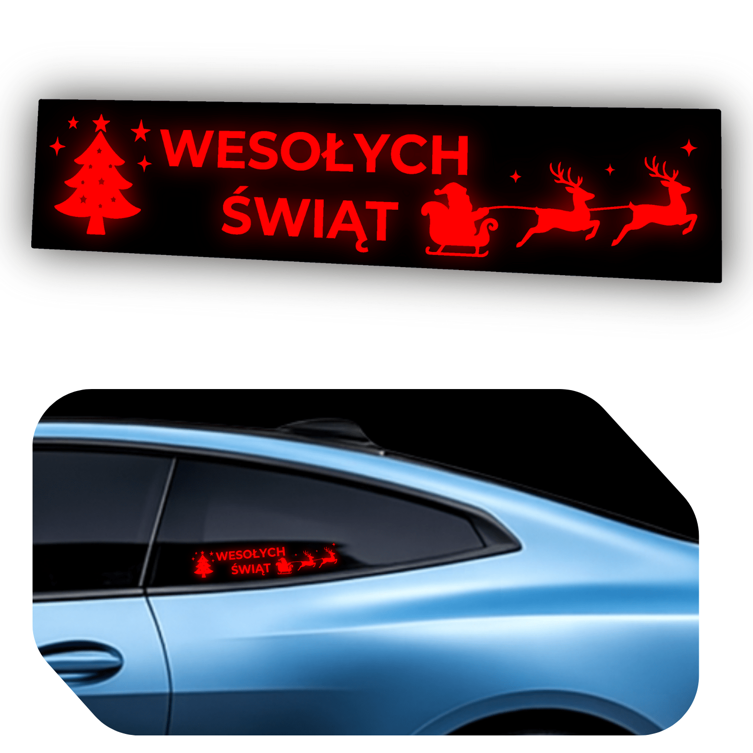 Świąteczna naklejka LED na szybę auta Wesołych Świąt W2