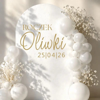naklejka na roczek personalizowana z imieniem i datą złoty napis na białej folii