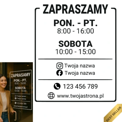 Naklejka godziny otwarcia na drzwi wejściowe 35×42