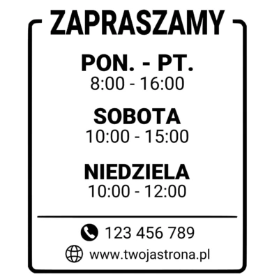 Naklejka informacyjna z godzinami otwarcia na drzwi szybę 35x42