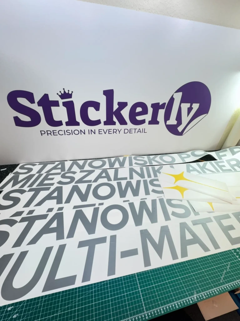 naklejka ścienna z logo Stickerly fioletowa folia